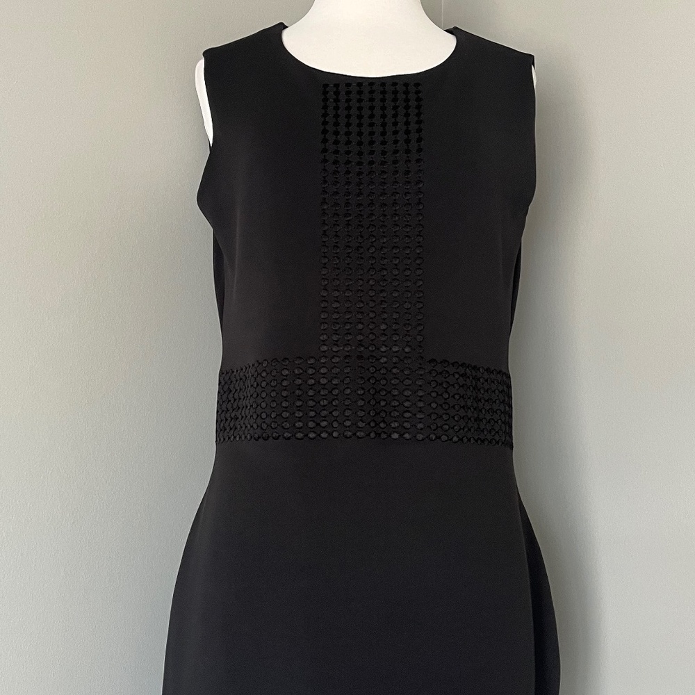 Hugo Boss Black Stretch Embordered Pencil Career Sleeveless Dots Sheath Dress L - Picture 2 of 13